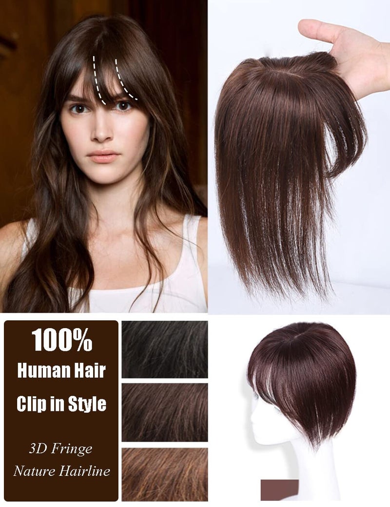 LesafeV Middle Part Silk Part Base Human Hair Topper 7x10cm Crown Straight Clip in Hairpiece with Wispy Fringe 20cm Medium Brown - Image 2